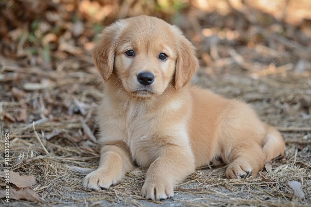 Golden retriever puppy sitting on dry leaves outdoors Golden retriever puppy sitting on dry leaves outdoors