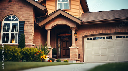 Fototapeta Naklejka Na Ścianę i Meble -  Brick House with Attached Garage and Landscaping