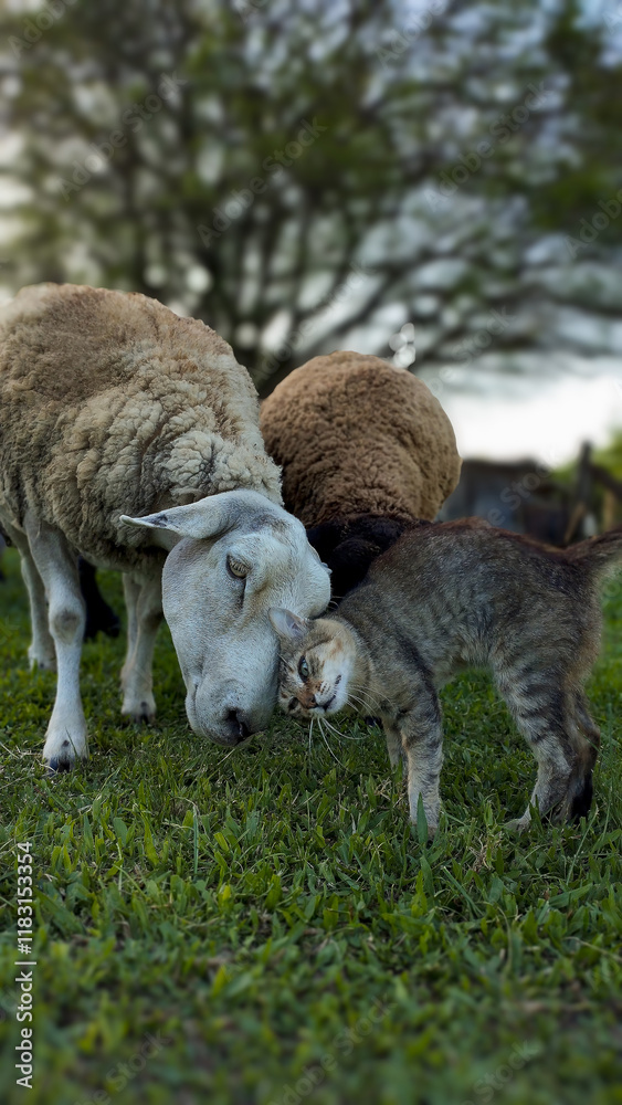 Obraz premium A charming scene of friendship between a sheep and a cat, showing a loving and affectionate moment between the animals. The interspecies interaction conveys peace and harmony in a natural environment.