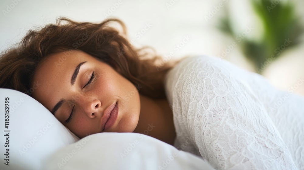 A woman with curly hair peacefully sleeps on soft white pillows, surrounded by a bright and calming environment, enjoying a restful moment A woman with curly hair peacefully sleeps on soft white pillows, surrounded by a bright and calming environment, enjoying a restful moment