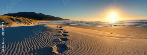 A beach with a sunset in the background