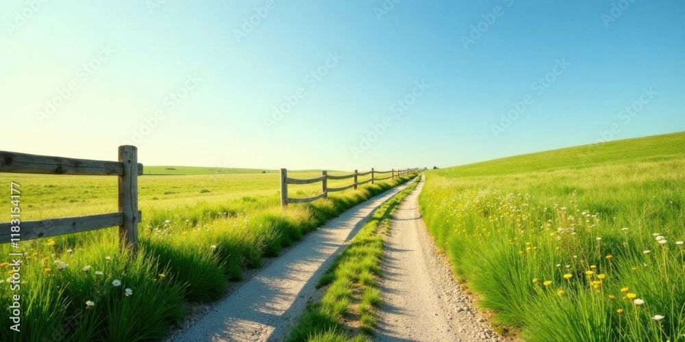Serene Country Lane with Wooden Fence and Wildflowers Serene Country Lane with Wooden Fence and Wildflowers