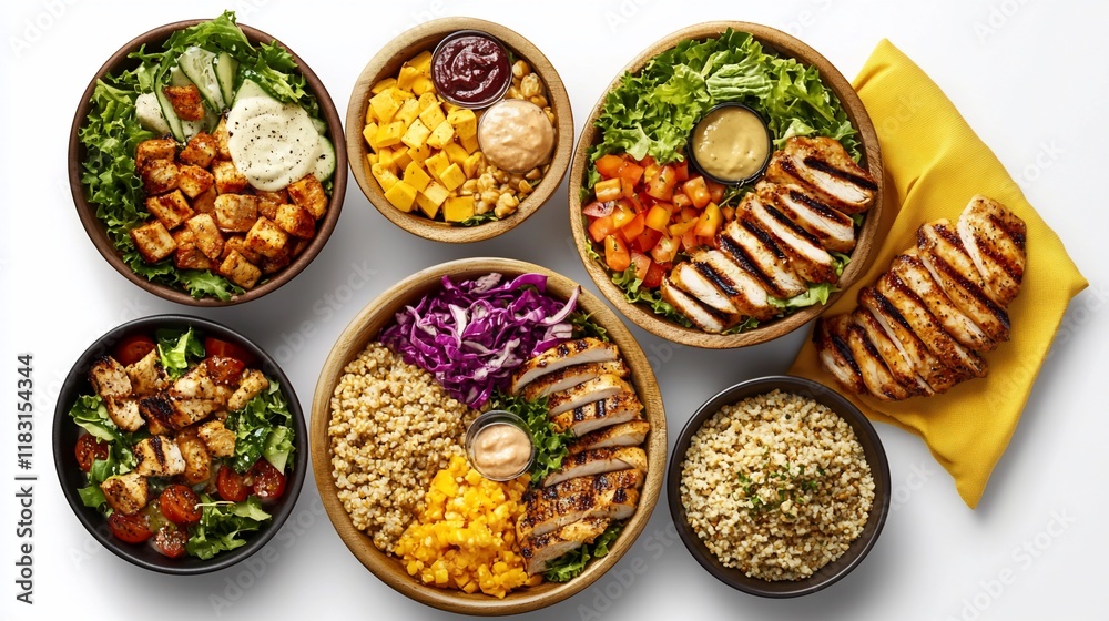 A vibrant arrangement of healthy salads and grain bowls, showcasing fresh ingredients and flavors.