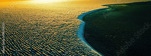 A body of water with a green shoreline