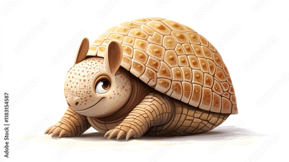 Fototapeta premium a 2D cartoon illustration of a curious armadillo rolling into a ball, desert theme, white background--ar 16:9