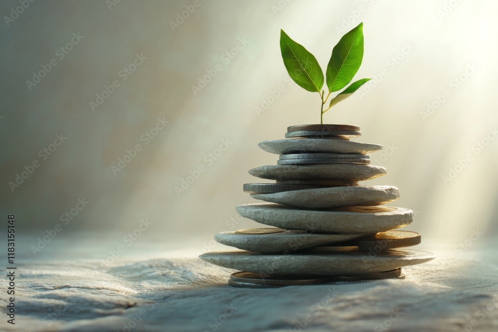 Obraz premium Stacked stones with a green sprout on top symbolizing balance and growth