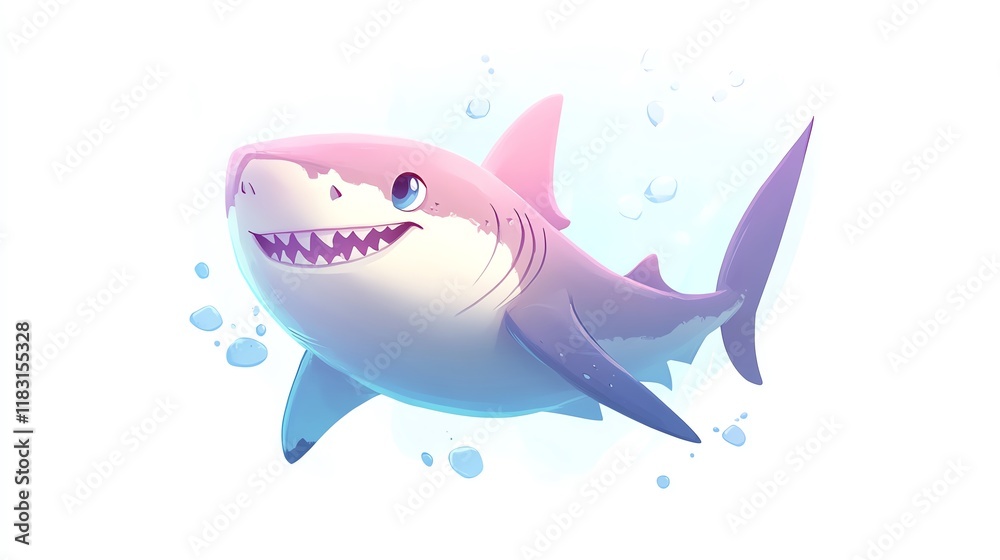 Obraz premium a 2D cartoon illustration of a swimming shark with a friendly smile, underwater scene, white background--ar 16:9