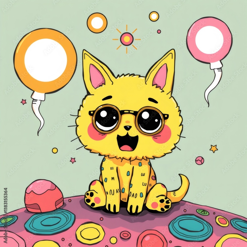 Cute cartoon cat with glasses sitting on a planet with colorful circles and a sun. Cute cartoon cat with glasses sitting on a planet with colorful circles and a sun.