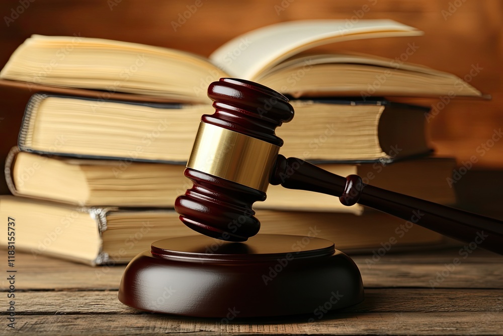 Wooden gavel on sound block rests on books. Illustrates legal concepts, justice, law, and courts. Wooden gavel on sound block rests on books. Illustrates legal concepts, justice, law, and courts.