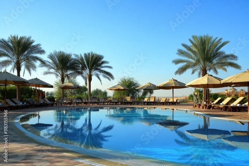 Oasis pool, desert resort, palm trees, sun loungers, relaxation