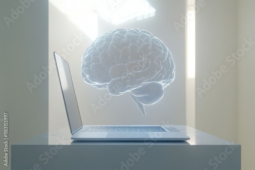 Transparent holographic brain floating above a glowing platform