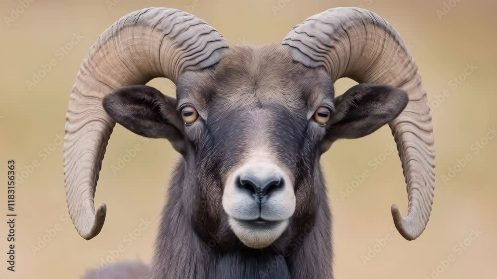 Portrait of a majestic ram with large curved horns