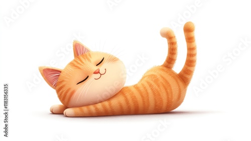 a 2D cartoon illustration of a happy cat stretching, cozy and cute, white background--ar 16:9 photo