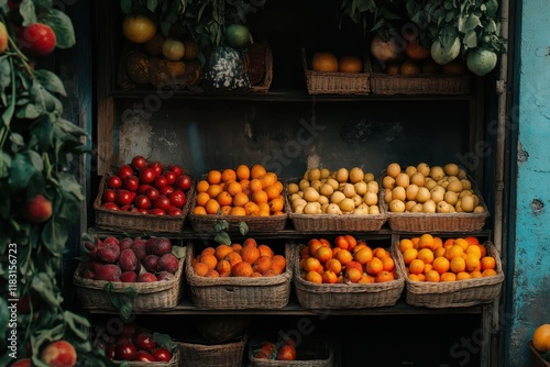 Colorful fruit market stall, vibrant produce, India, bustling street, food display photo