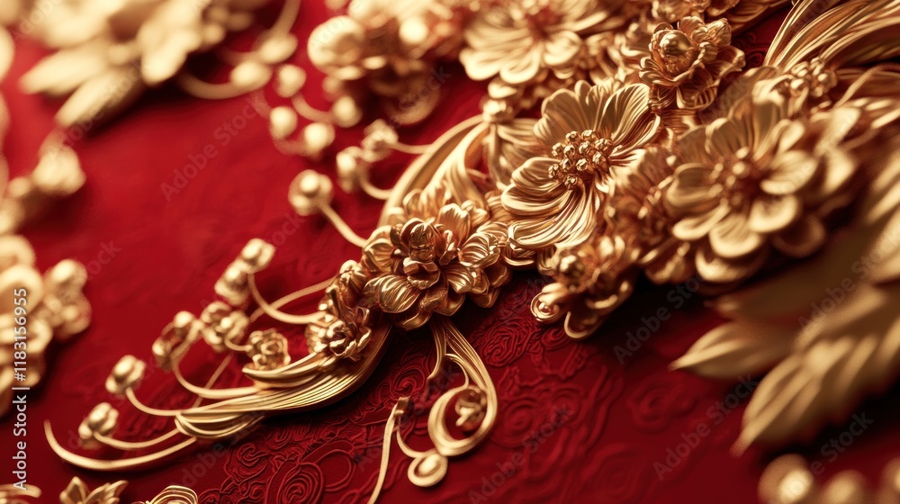 A luxurious 3D-rendered Happy Chinese New Year 2025 decoration with golden elements and intricate patterns on a deep red background