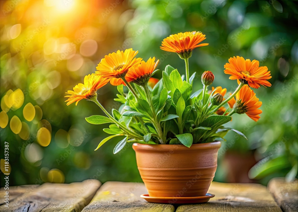 Potted calendula officinalis, a garden marigold, softly blurred against a verdant architectural backdrop. Potted calendula officinalis, a garden marigold, softly blurred against a verdant architectural backdrop.