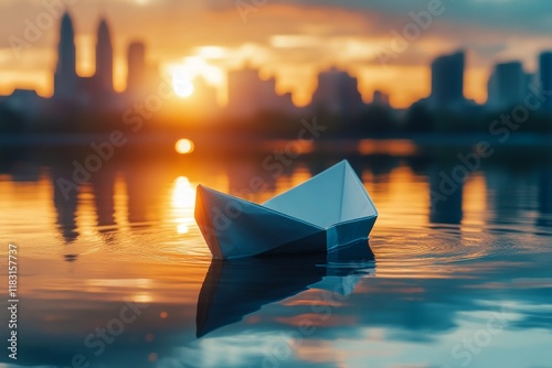 Paper boat floating on water at sunset reflecting a peaceful urban background