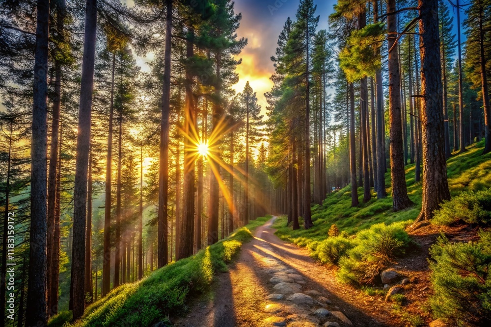 Fototapeta premium Majestic Mountain Pine Forest Path: Long, Narrow Trail Through Serene Coniferous Woods