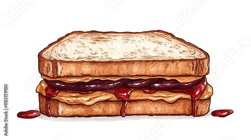 a 2D cartoon illustration of a peanut butter and jelly sandwich, simple and delicious, white background--ar 16:9 photo