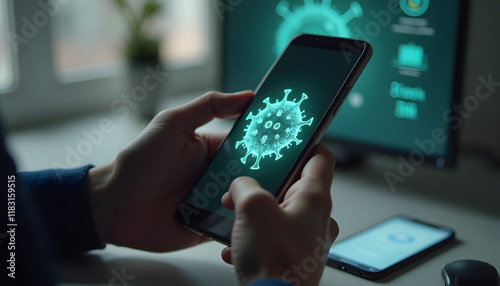 Person Holding Smartphone with 3D Virus Icon on Screen, Computer Monitor in Background