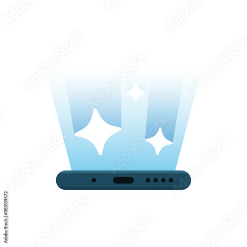 Flat illustration of a smartphone screen emitting bright rays with sparkle icons. new feature or update in a mobile application. for app promotions, update announcements, and tech related designs