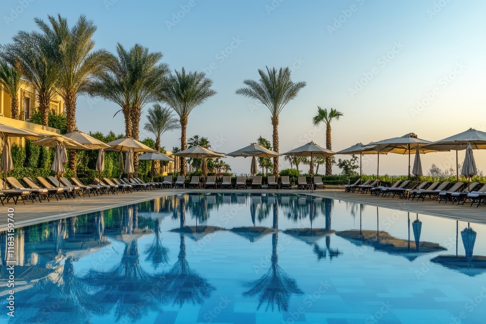 Resort pool sunrise reflection palm trees Resort pool sunrise reflection palm trees