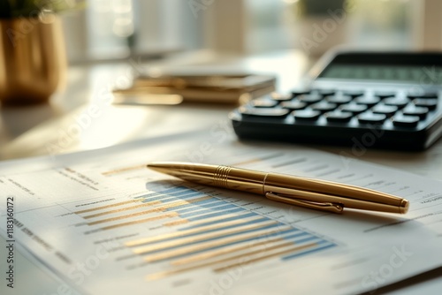Office workspace with a calculator and wooden pencils on paper