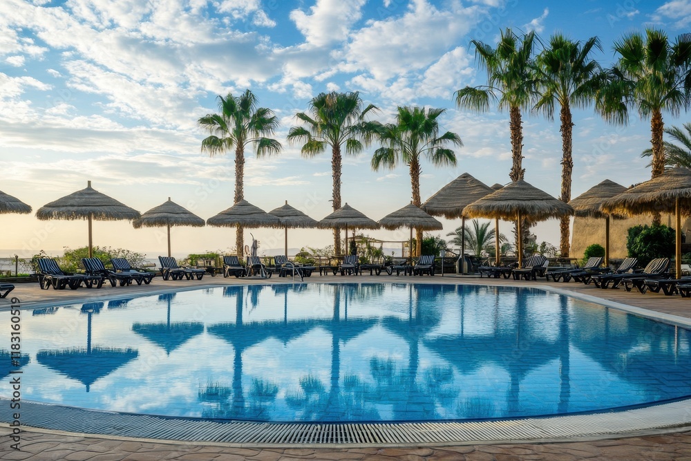 Sunrise poolside relaxation, palm trees, ocean view, resort Sunrise poolside relaxation, palm trees, ocean view, resort