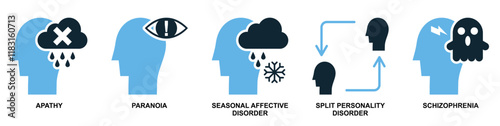 Psychology Icon Set: Mental Health Issues Including Apathy, Paranoia, Seasonal Affective Disorder, Split Personality Disorder, and Schizophrenia