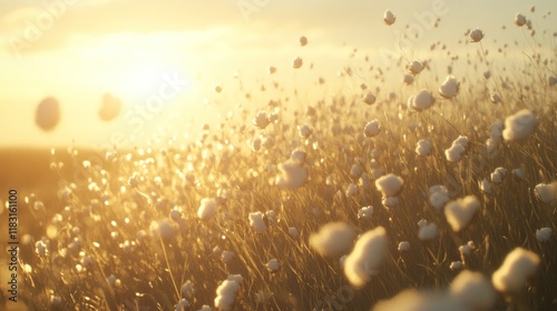 Golden sunset over a field of fluffy white flowers. (2) photo