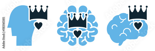 Narcissism Psychology Icon Set: Vector Illustrations Featuring Crown, Heart, and Brain Representing Narcissistic Traits and Ego-Centric Behavior