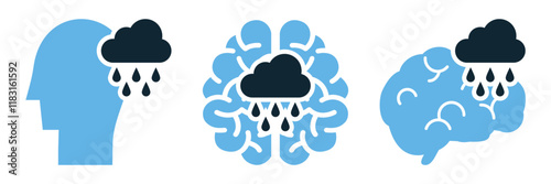 Depression Psychology Icon Vector Set - Emotional Health Symbols with Sadness, Brain, and Cloud Illustration for Mental Disorder, Stress, and Anxiety Concepts