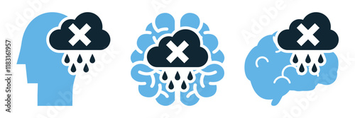 Apathy Psychology Icon Vector Set, Depressed Mind, Brain, and Mental State with Sad Rain Cloud Symbol Illustrating Emotional Numbness, Lack of Motivation, and Psychological Stress Concepts