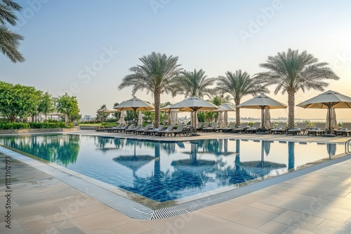 Tranquil resort pool, sunrise, palm trees, desert