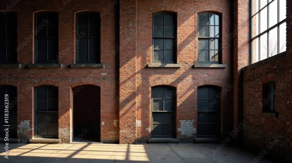 Fototapeta premium Sunlight Illuminates a Brick Building's Interior with Numerous Windows and Doors
