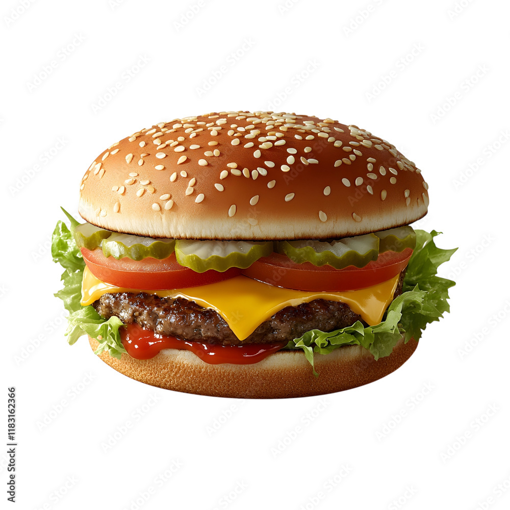 Classic Cheeseburger with Cheese, Tomato, and Lettuce on transparent background Classic Cheeseburger with Cheese, Tomato, and Lettuce on transparent background