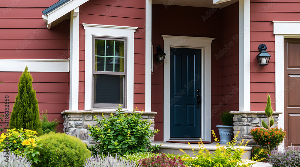 Obraz premium A red house exterior featuring a dark blue front door, white trim, and landscaping including shrubs and flowers. Stone accents flank the door. A window is visible to the left of the door.