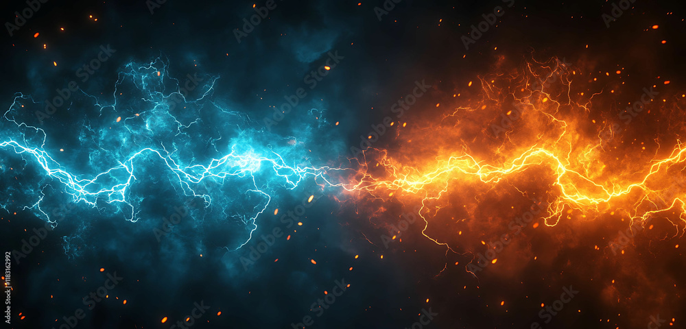 Fototapeta premium A dynamic clash of vibrant blue and orange lightning bolts against a dark background