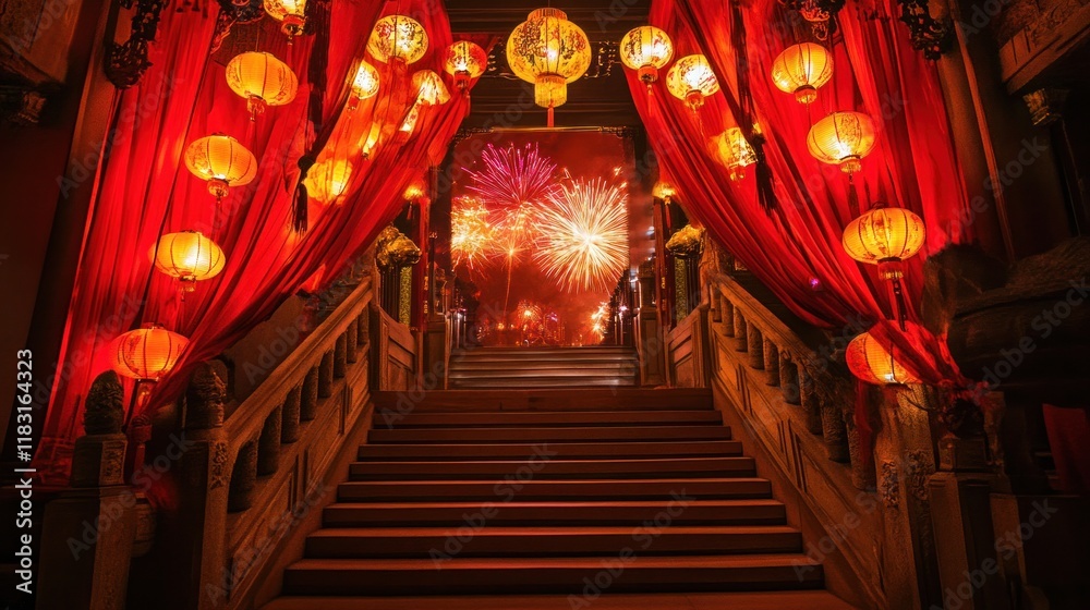 Obraz premium A staircase lit by soft golden lights, adorned with red lanterns and curtains, revealing a colorful fireworks display celebrating Chinese New Year