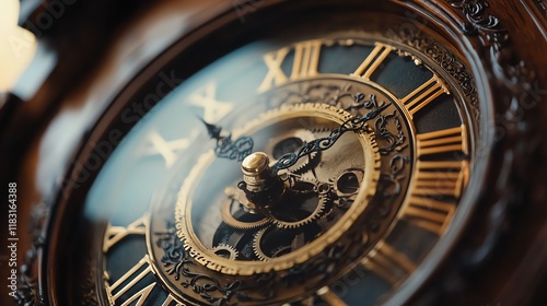 Close-up of vintage clock face with Roman numerals photo