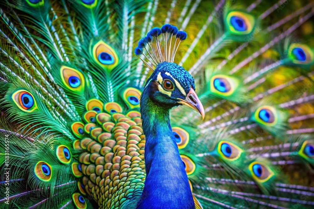Obraz premium Majestic Peacock: Vibrant Plumage Displayed in Nature's Masterpiece