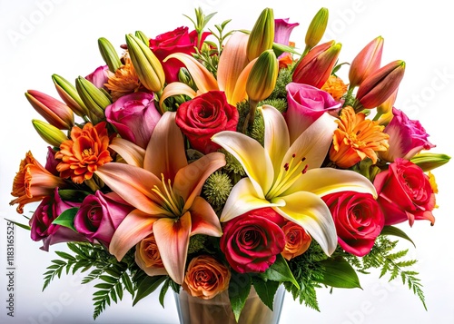 Urban exploration finds beauty: lilies and roses, a pristine white backdrop still life.