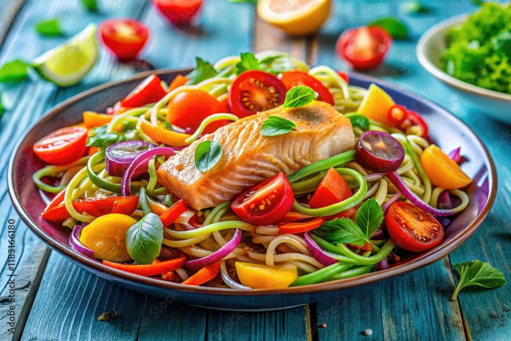 Vibrant noodles, succulent salmon, a summery salad bursting with color and flavor. Vibrant noodles, succulent salmon, a summery salad bursting with color and flavor.