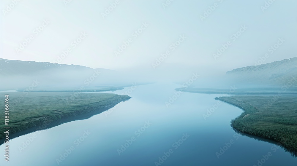 A breathtaking and serene landscape scene with a tranquil lake reflecting the misty and ethereal mountain scenery