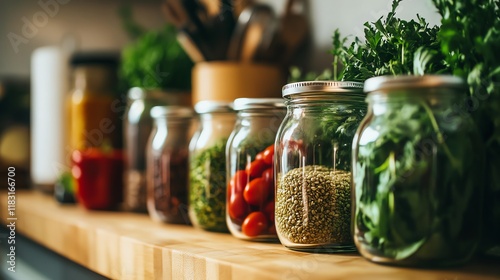 Jarred ingredients on kitchen counter photo