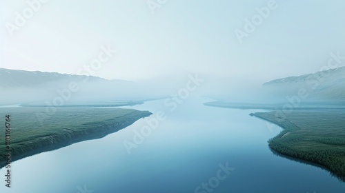 A breathtaking and serene landscape scene with a tranquil lake reflecting the misty and ethereal mountain scenery photo