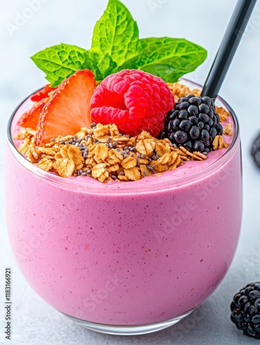 A photostock of a healthy smoothie bowl topped with granola, fresh fruits, and chia seeds, placed on a clean white background, perfect for breakfast and wellness themes. High Quality photo