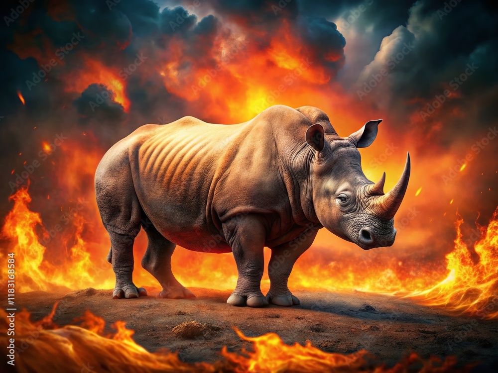 Fototapeta premium Majestic Rhino in Fiery Inferno: Dramatic Landscape Stock Photo