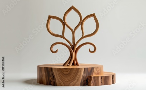 A minimalist sculptural piece featuring a stylized wooden flower with multiple leaves emerging from a circular base, showcasing intricate wood grain and meticulous craftsmanship. photo