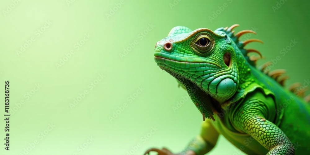 Fototapeta premium Vibrant Green Lizard Portrait Against a Solid Background